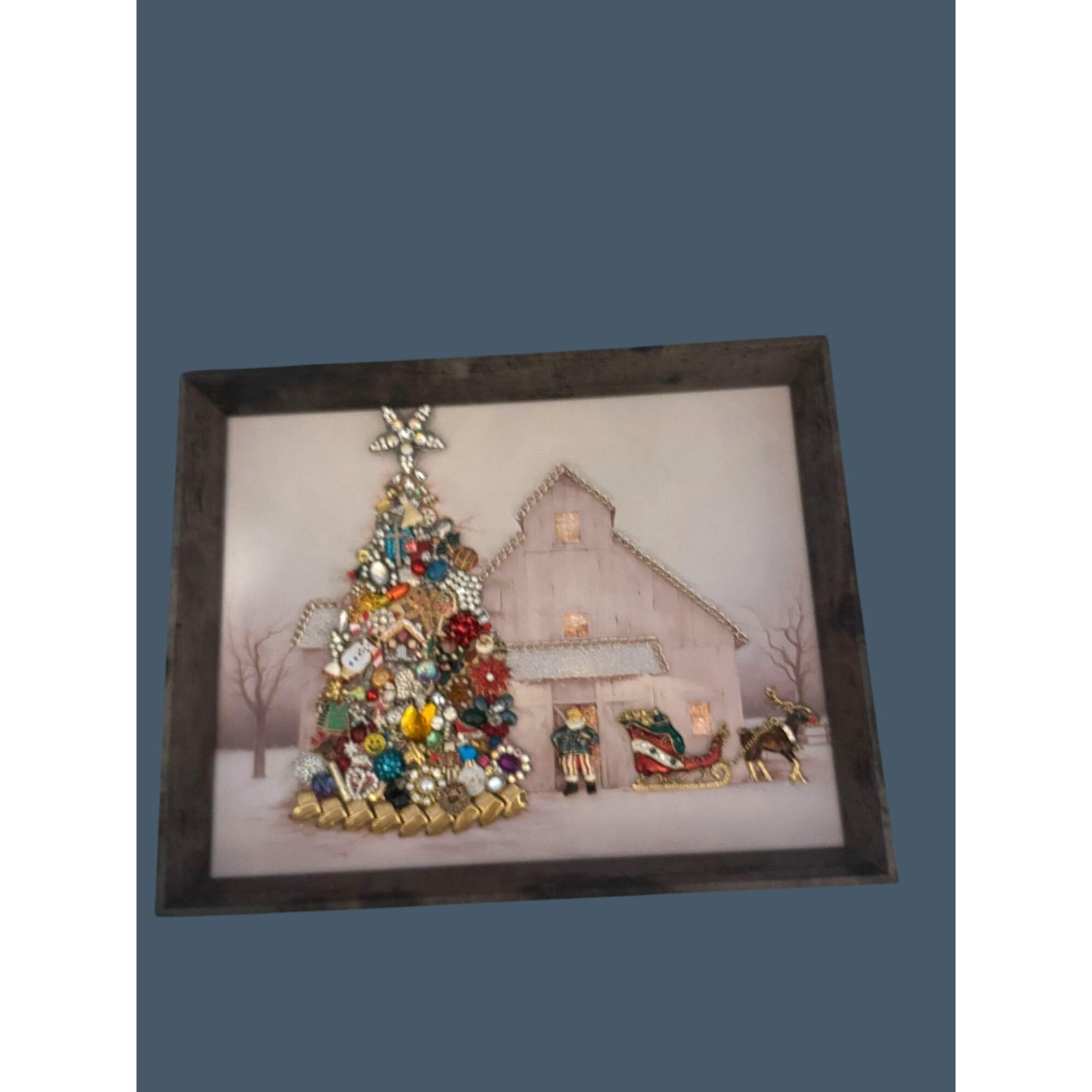 Original Designs Christmas Jewelry Tree Barn Scene Framed Art Mixed Media 15"x12"
