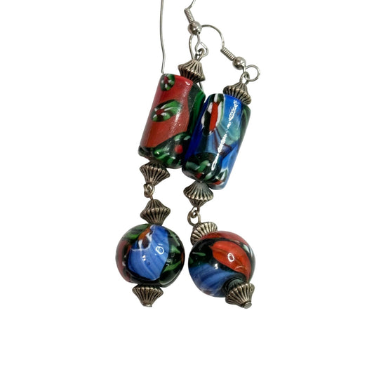 Vintage Colorful Murano Glass Beaded Drop Earrings With Silver Accents 2 1/2"