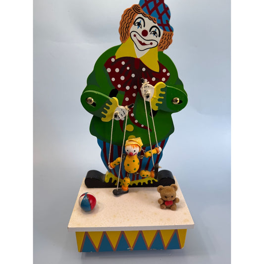 Vintage Wooden Clown Music Box With Puppet & Teddy Bear Wind-Up Animated Motion