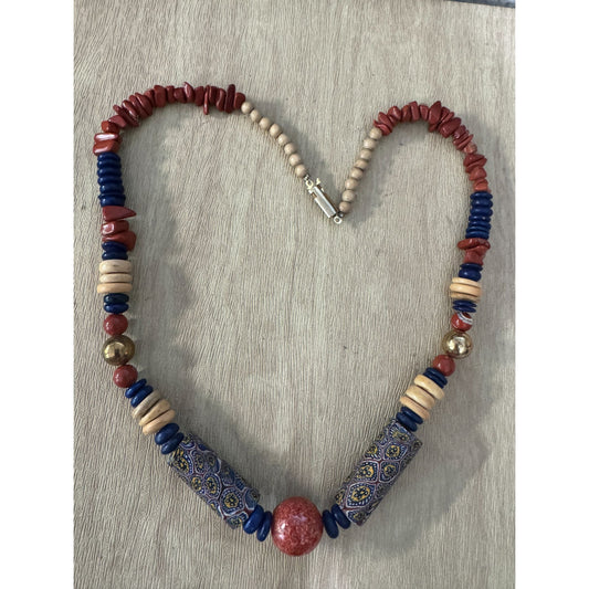 Vintage Murano Venetian Millefiori Beaded Necklace With Red & Blue Accents 16"