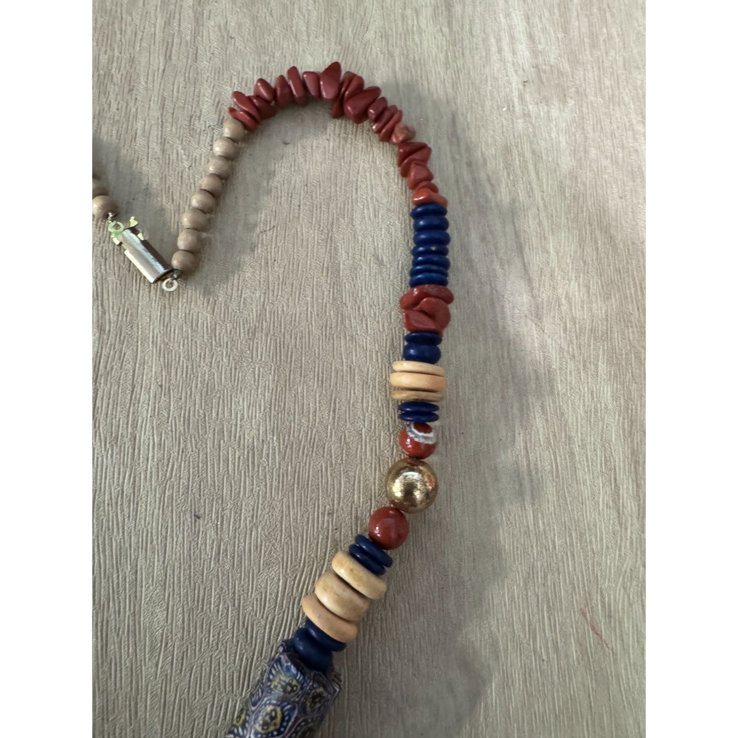 Vintage Murano Venetian Millefiori Beaded Necklace With Red & Blue Accents 16"