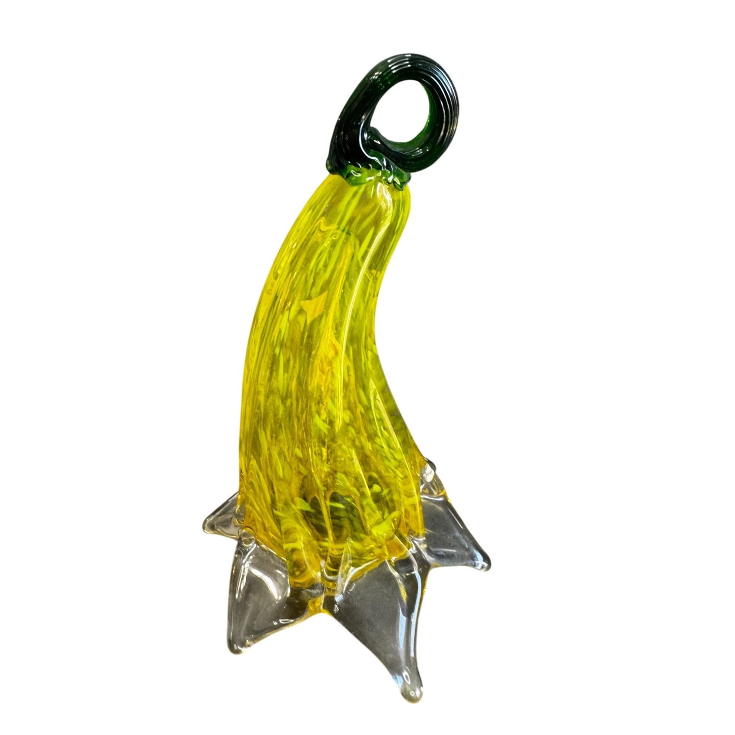 Hand Blown Art Glass Tulip Style Sculpture Yellow Green Loop Top 8" 5" Wide