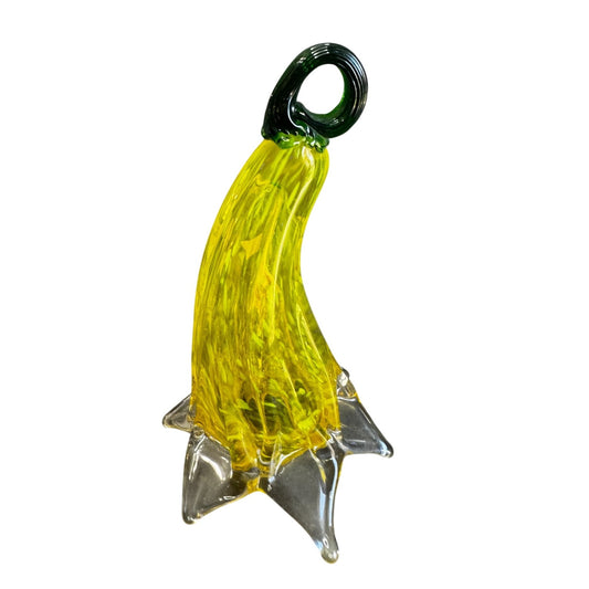 Hand Blown Art Glass Tulip Style Sculpture Yellow Green Loop Top 8" 5" Wide