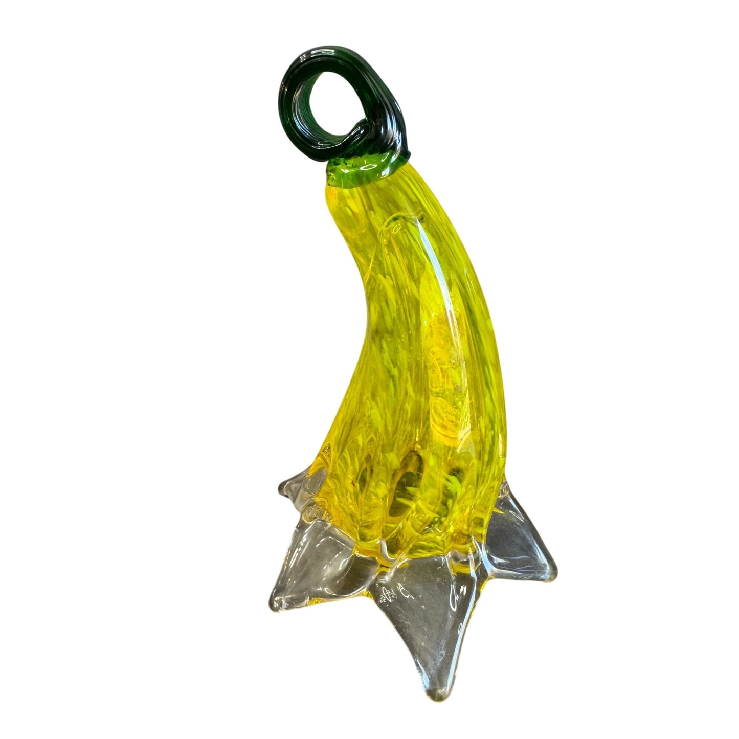 Hand Blown Art Glass Tulip Style Sculpture Yellow Green Loop Top 8" 5" Wide