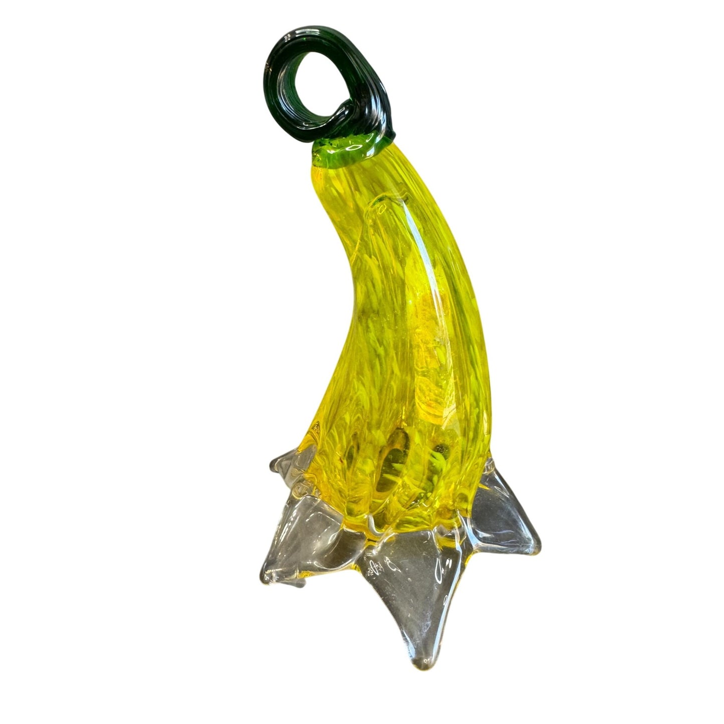 Hand Blown Art Glass Tulip Style Sculpture Yellow Green Loop Top 8" 5" Wide