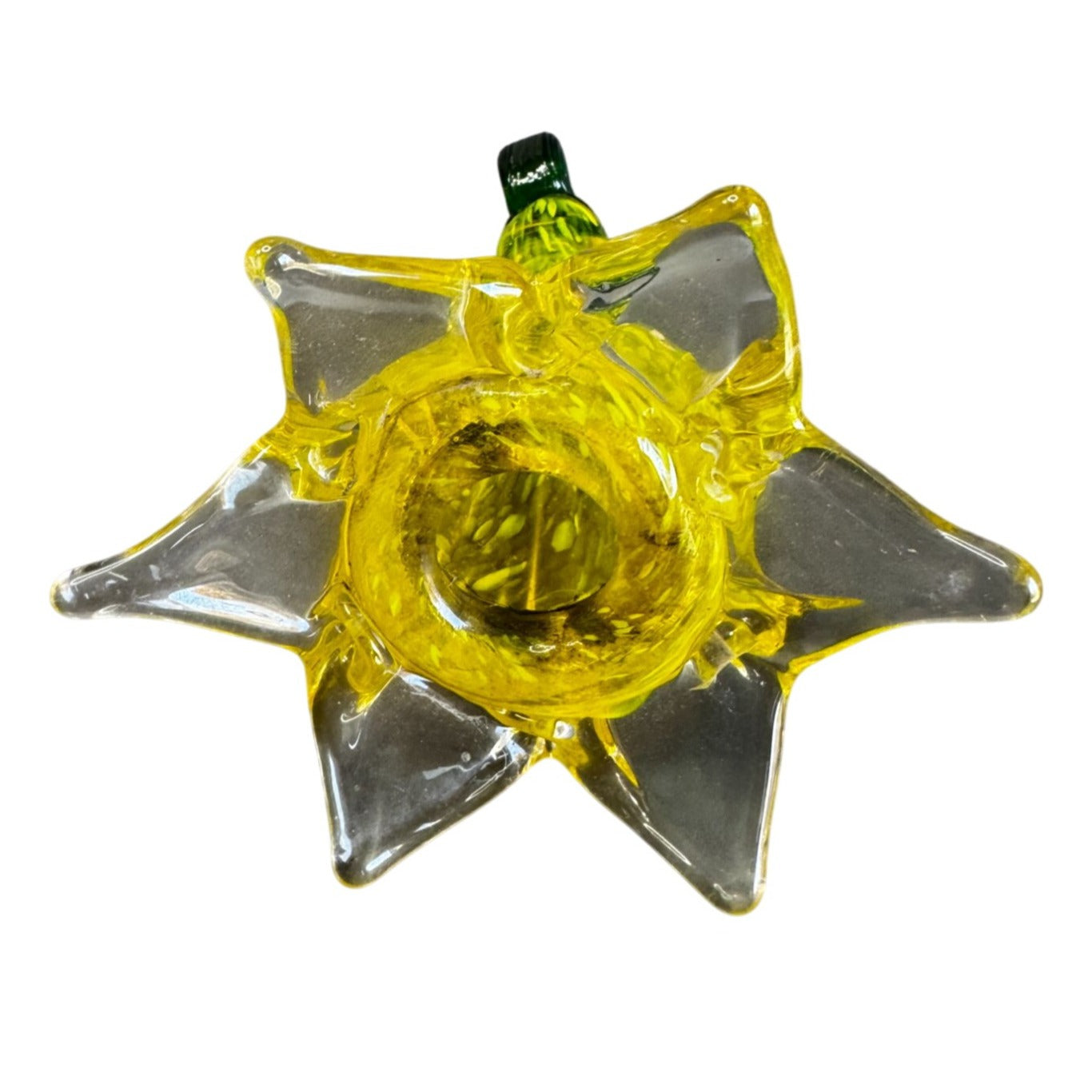 Hand Blown Art Glass Tulip Style Sculpture Yellow Green Loop Top 8" 5" Wide