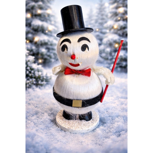 Vintage Japan Snowman Satin Body Felt Face Chenille Arms 39 Cent Sticker 6 1/2"