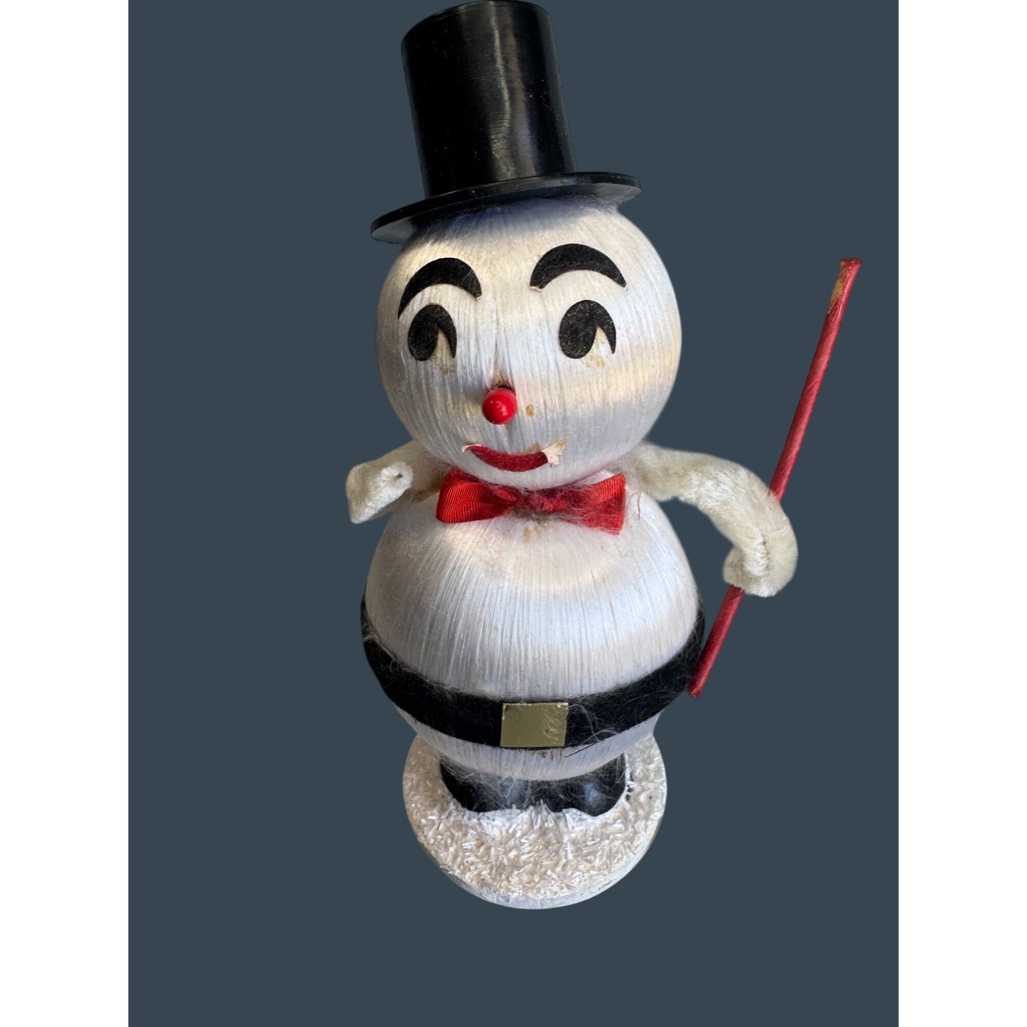 Vintage Japan Snowman Satin Body Felt Face Chenille Arms 39 Cent Sticker 6 1/2"