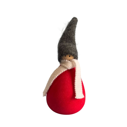 Hand-Carved Swedish Tomte Boy Figure 4" W/Red Wooden Body Gray Felt Hat & White Knit Scarf
