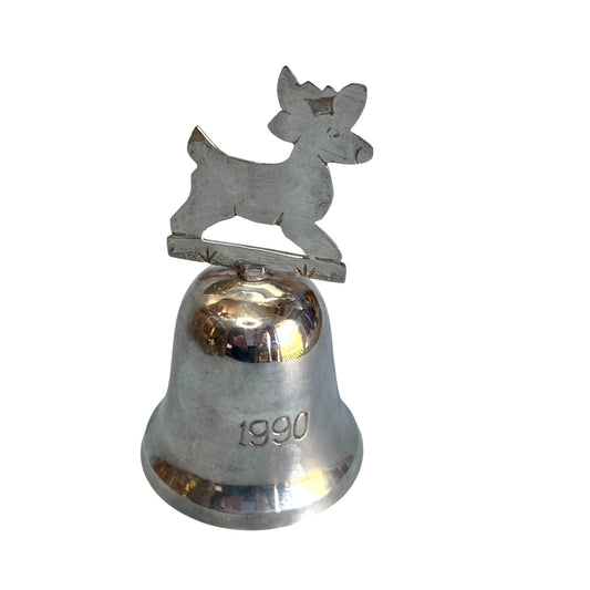 International  Silver Reindeer Bell Christmas Ornament 1990 4 1/2" X 2 1/2"