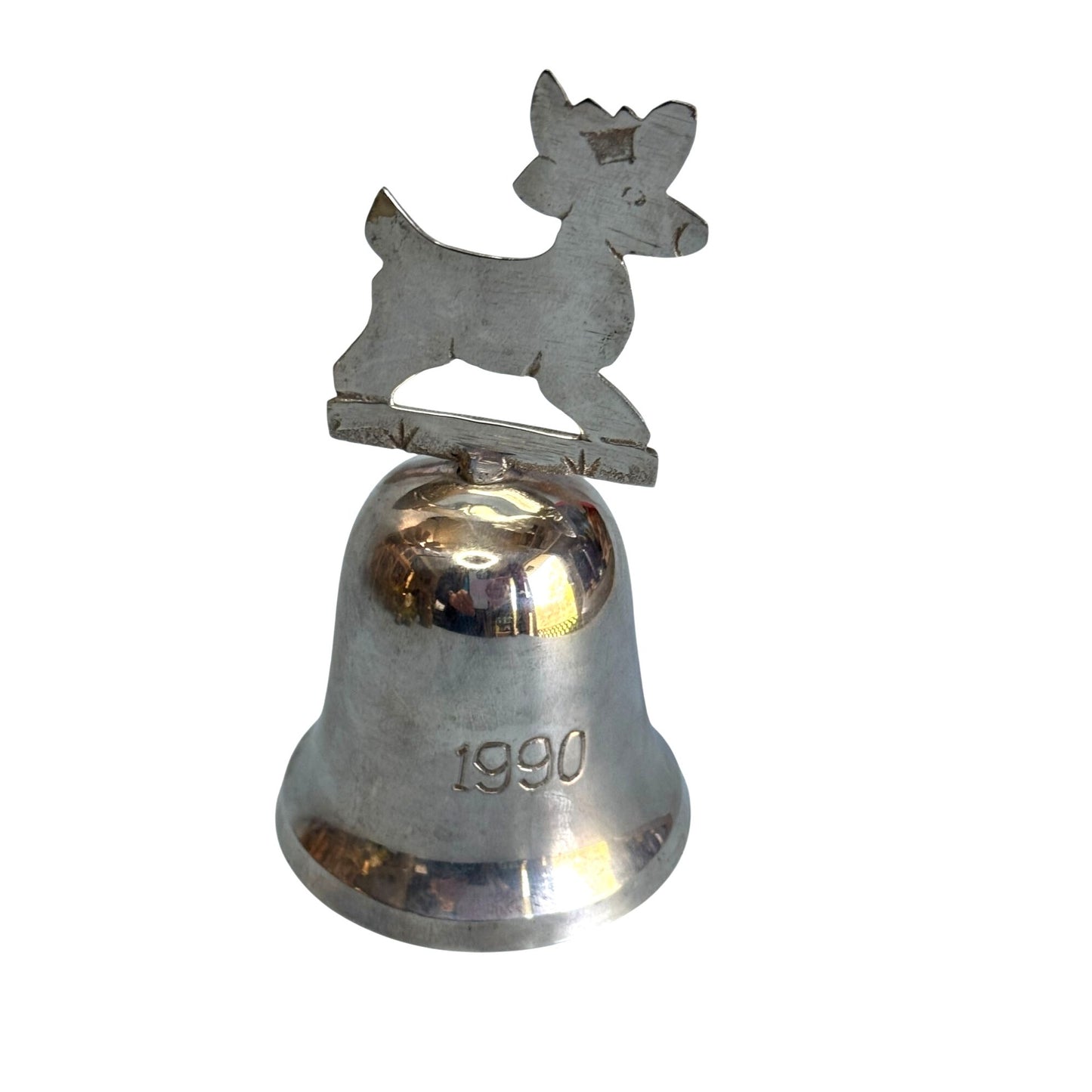 International  Silver Reindeer Bell Christmas Ornament 1990 4 1/2" X 2 1/2"