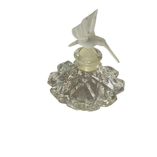 Vintage Cut Glass Perfume Bottle W/ Frosted Hummingbird Stopper 3"x3"x4" Elegant Display Piece