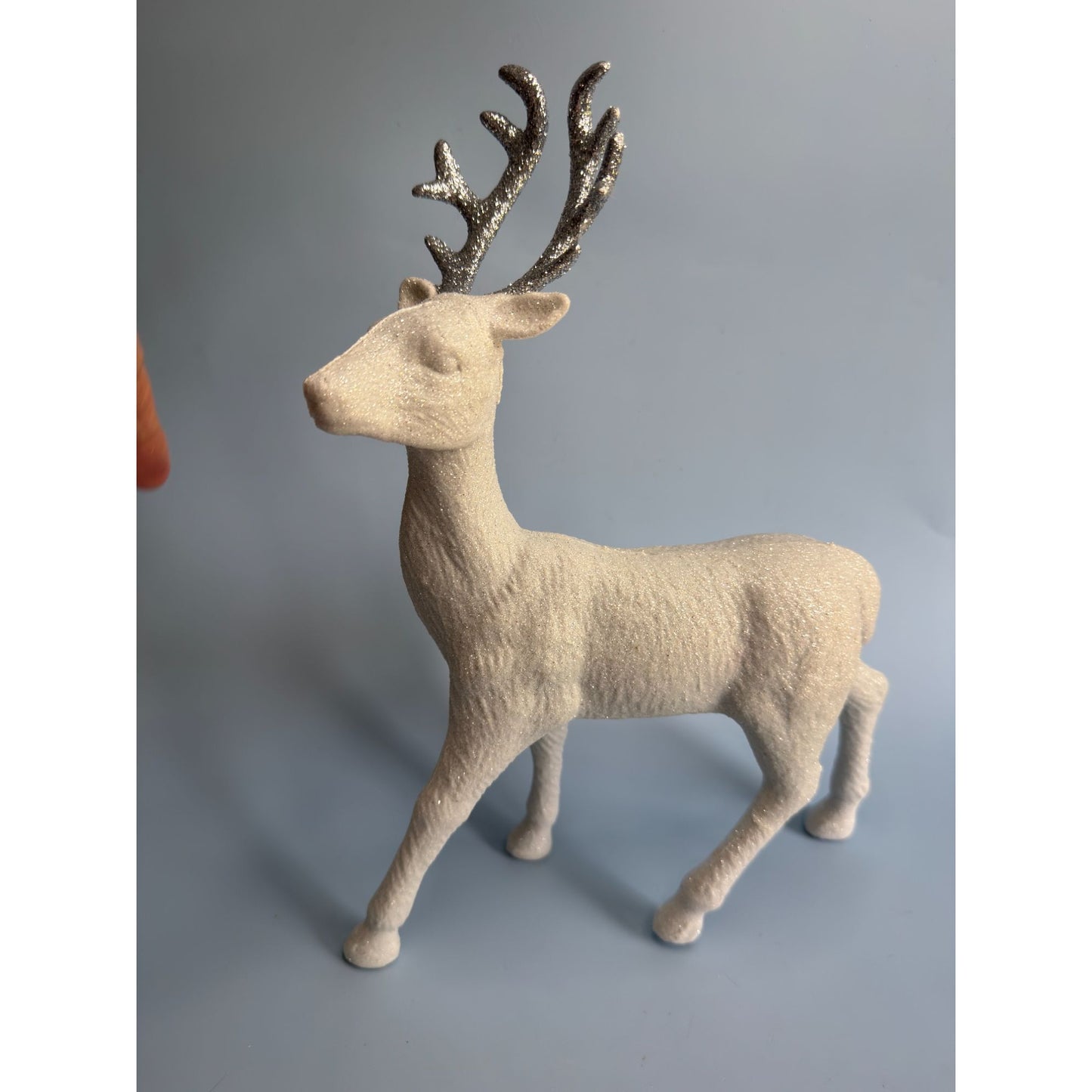 Glittery White Flocked Reindeer Figurine With Silver Antlers