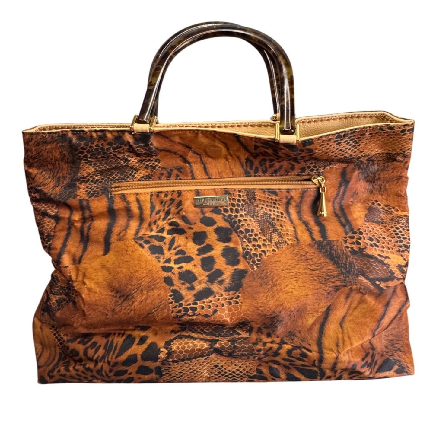 Plinio Visona Animal Print Tote Tortoiseshell Handles Leather Italy 16" XL Bag
