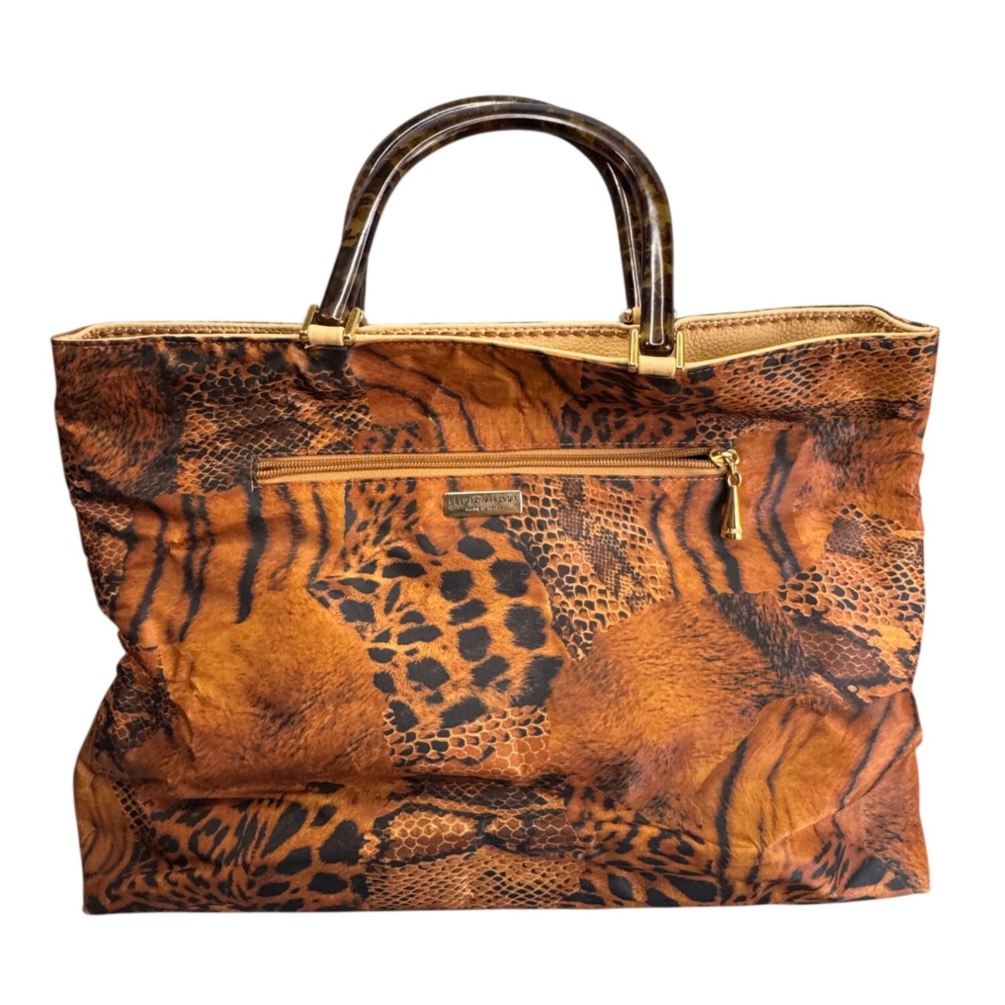 Plinio Visona Animal Print Tote Tortoiseshell Handles Leather Italy 16" XL Bag
