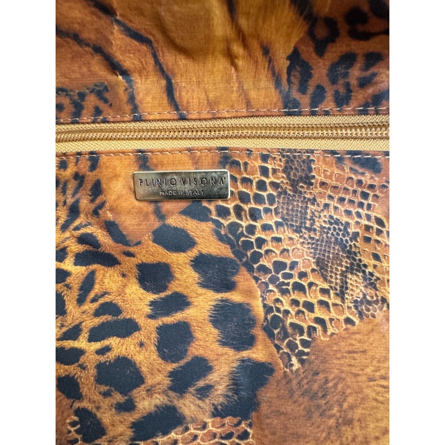 Plinio Visona Animal Print Tote Tortoiseshell Handles Leather Italy 16" XL Bag