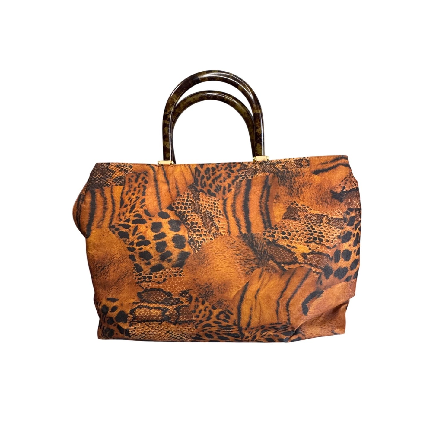 Plinio Visona Animal Print Tote Tortoiseshell Handles Leather Italy 16" XL Bag