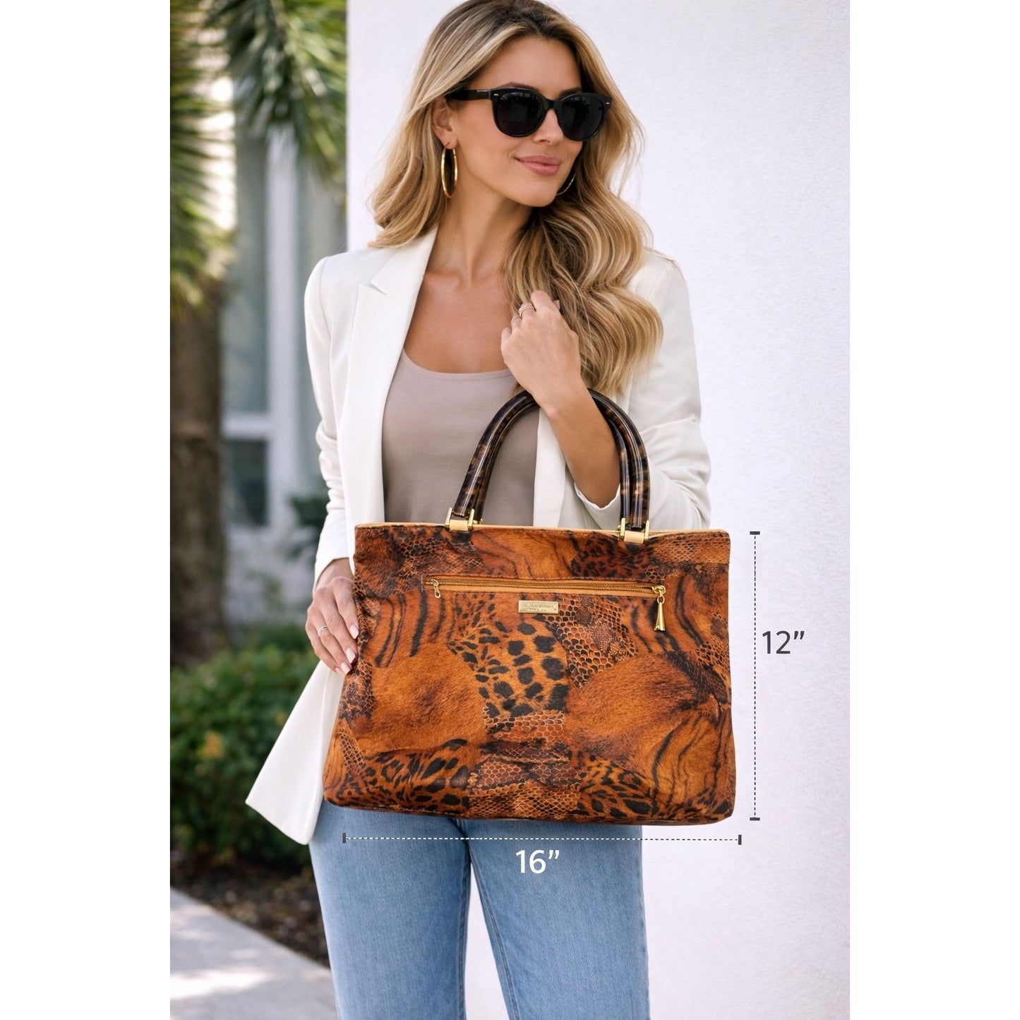 Plinio Visona Animal Print Tote Tortoiseshell Handles Leather Italy 16" XL Bag