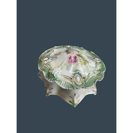 Antique RS Prussia Dresser Box Basket Of Flowers Covered Vanity Jar 5 1/2