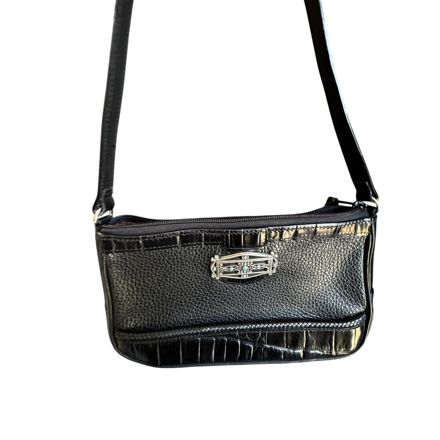 Brighton Black Leather Shoulder Bag 9" x 5" Turquoise Accent Medallion Croc Trim 9" Drop