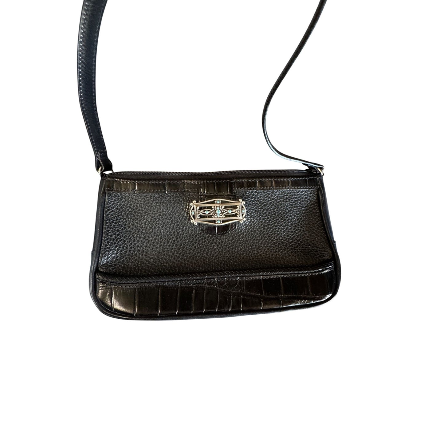 Brighton Black Leather Shoulder Bag 9" x 5" Turquoise Accent Medallion Croc Trim 9" Drop
