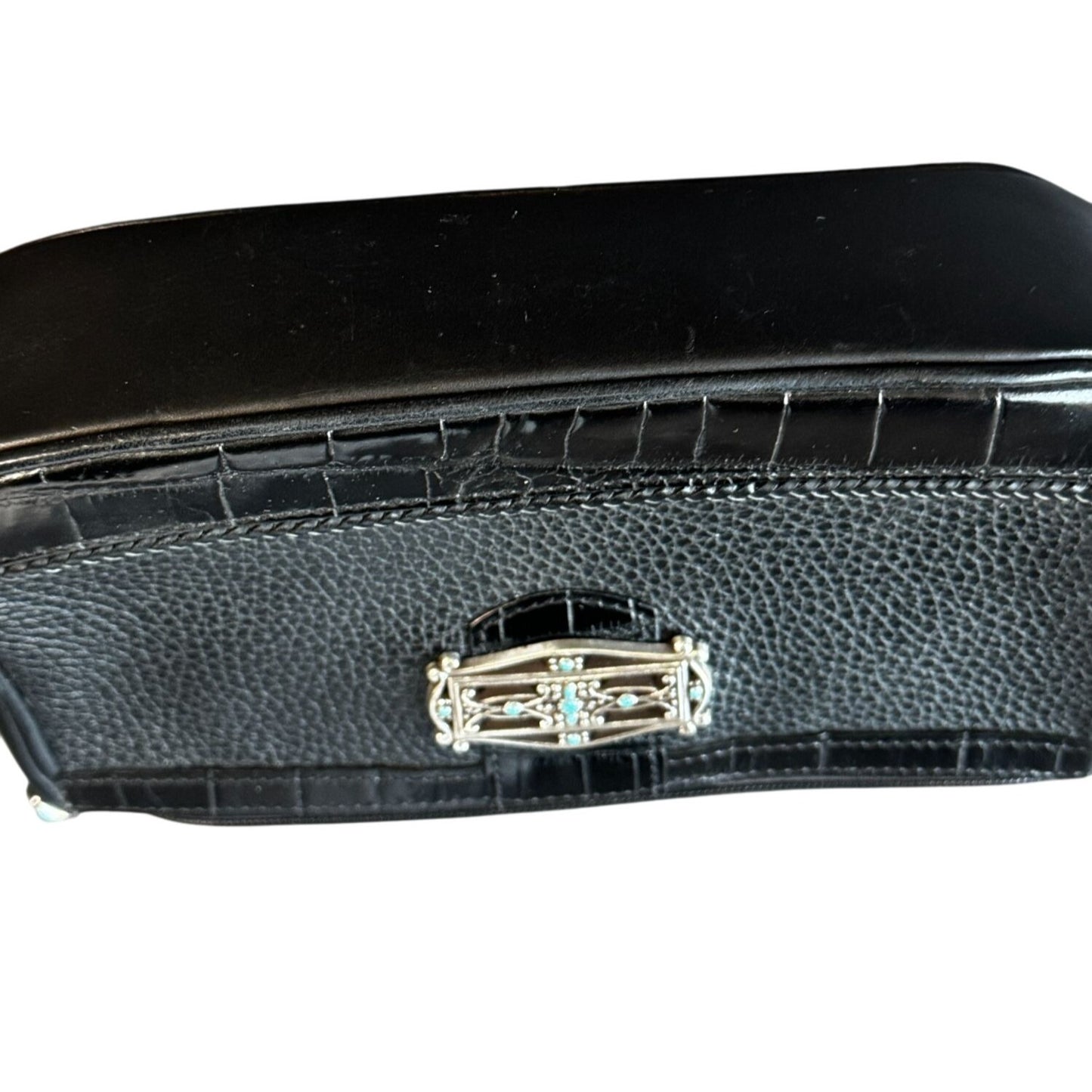 Brighton Black Leather Shoulder Bag 9" x 5" Turquoise Accent Medallion Croc Trim 9" Drop