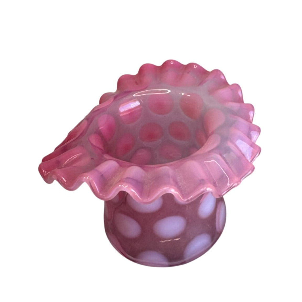 Fenton Toothpick Holder Cranberry Opalescent Glass Coin Dot Ruffled Design
