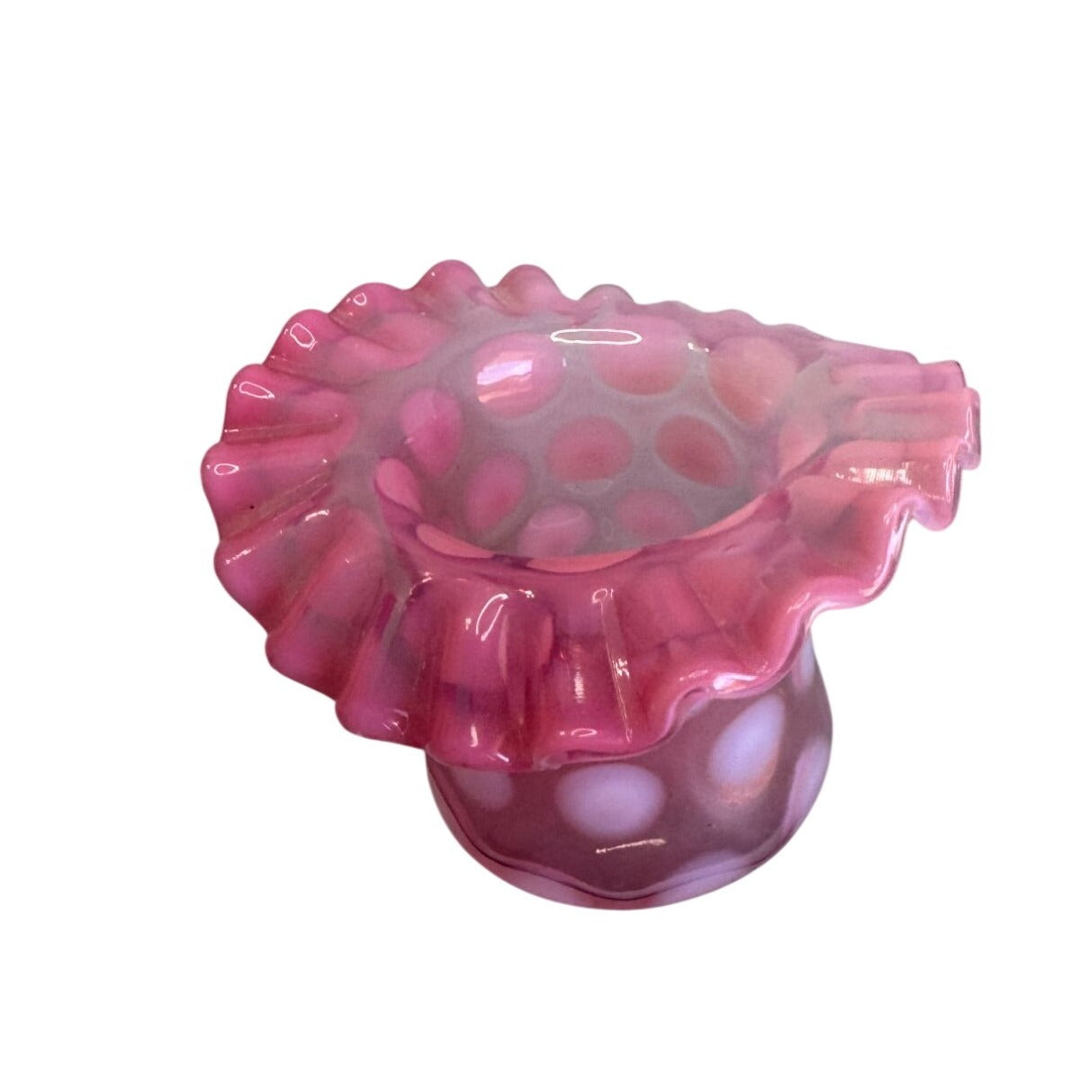 Fenton Toothpick Holder Cranberry Opalescent Glass Coin Dot Ruffled Design
