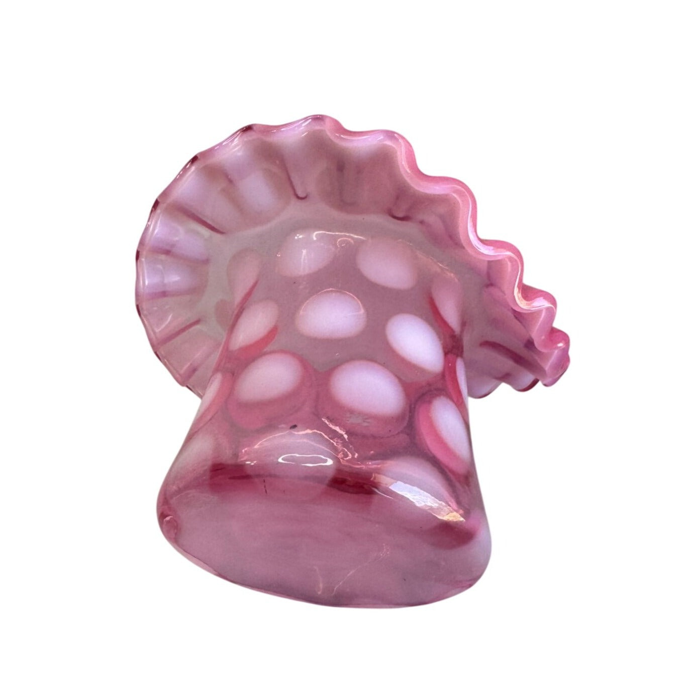 Fenton Toothpick Holder Cranberry Opalescent Glass Coin Dot Ruffled Design