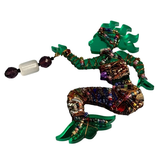Bent Nicks Mermaid Brooch Signed Wire-Wrapped Beaded Black Lucite 4x2¾ Green