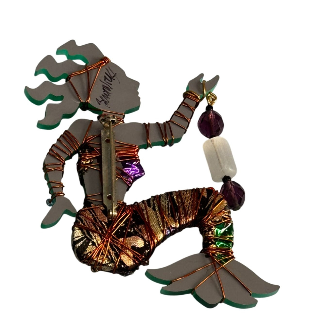 Bent Nicks Mermaid Brooch Signed Wire-Wrapped Beaded Black Lucite 4x2¾ Green