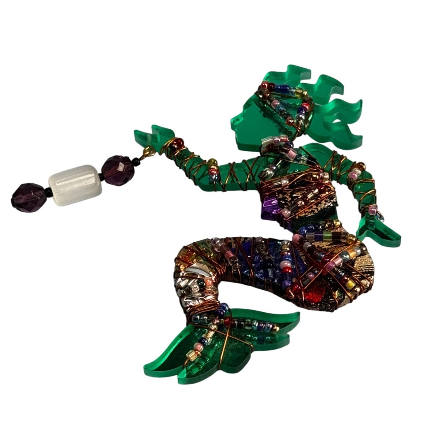 Bent Nicks Mermaid Brooch Signed Wire-Wrapped Beaded Black Lucite 4x2¾ Green