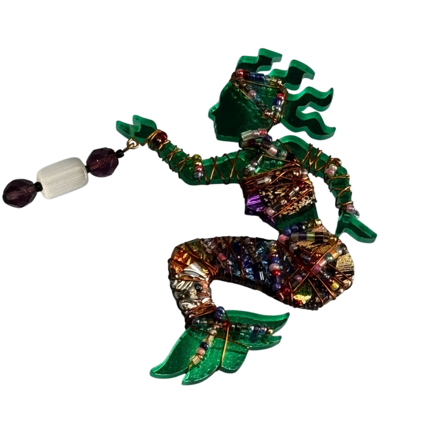 Bent Nicks Mermaid Brooch Signed Wire-Wrapped Beaded Black Lucite 4x2¾ Green