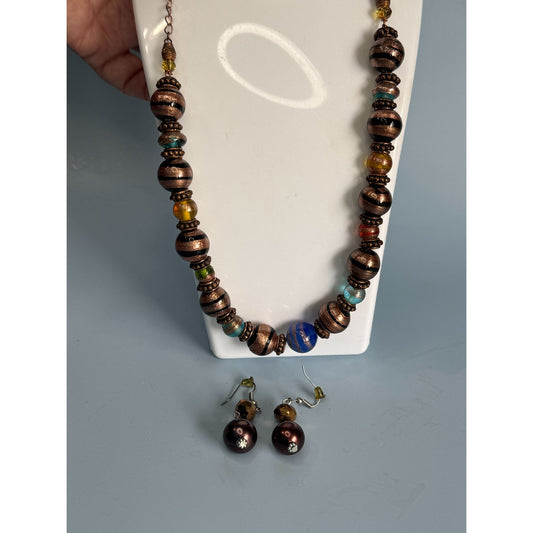 Copper Blue Green Orange Venetian Glass Beaded Necklace & Earrings Set