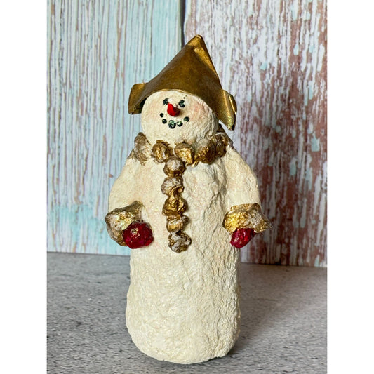 Paper Mache Snowman Gold Hat Scarf Signed Joann Mallams Glenna Voyles 2002