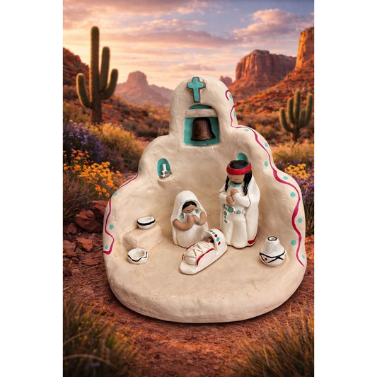 Cleo Teissedre Southwestern Pueblo Nativity Set Adobe Church 1990 Signed 5"