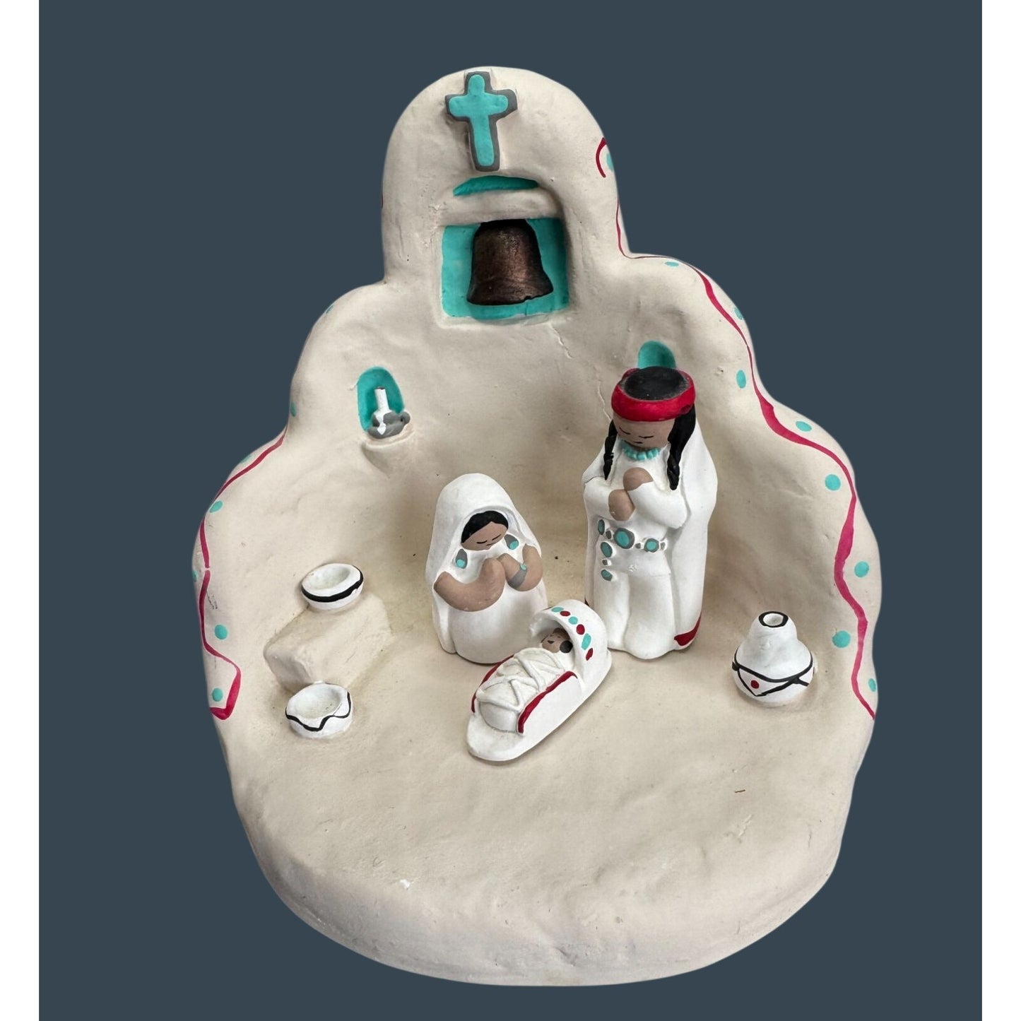 Cleo Teissedre Southwestern Pueblo Nativity Set Adobe Church 1990 Signed 5"