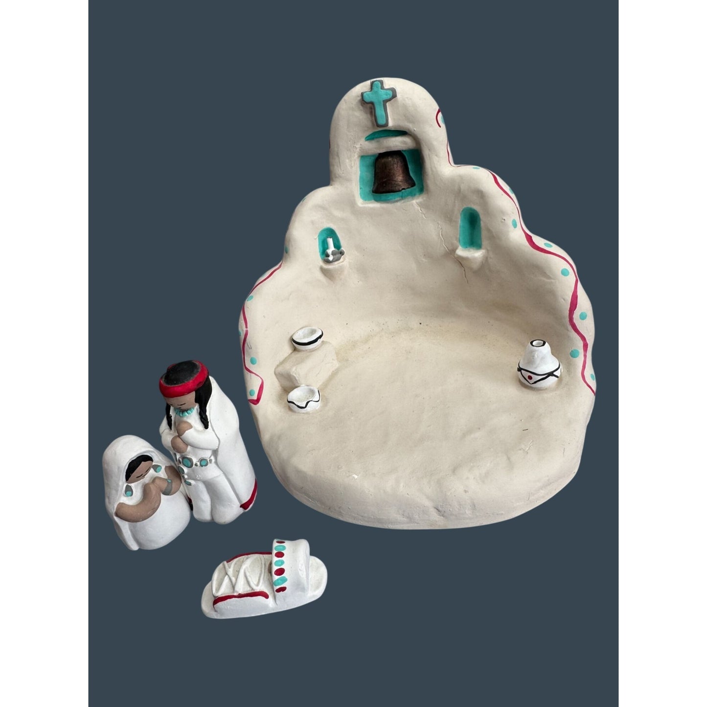 Cleo Teissedre Southwestern Pueblo Nativity Set Adobe Church 1990 Signed 5"