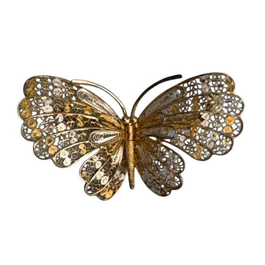 Antique 800 Gold & Silver Overlay Filigree Butterfly Pin Brooch Elegant Jewelry