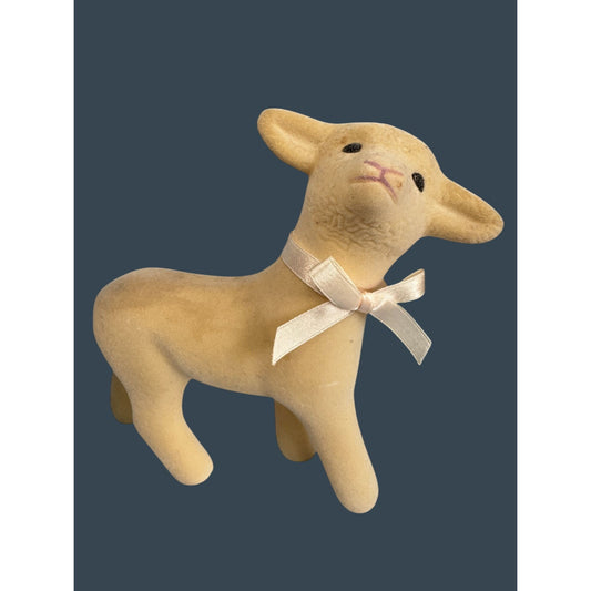 Vintage Midcentury Flocked Lamb Figurine W/ Satin Bow 7.5"