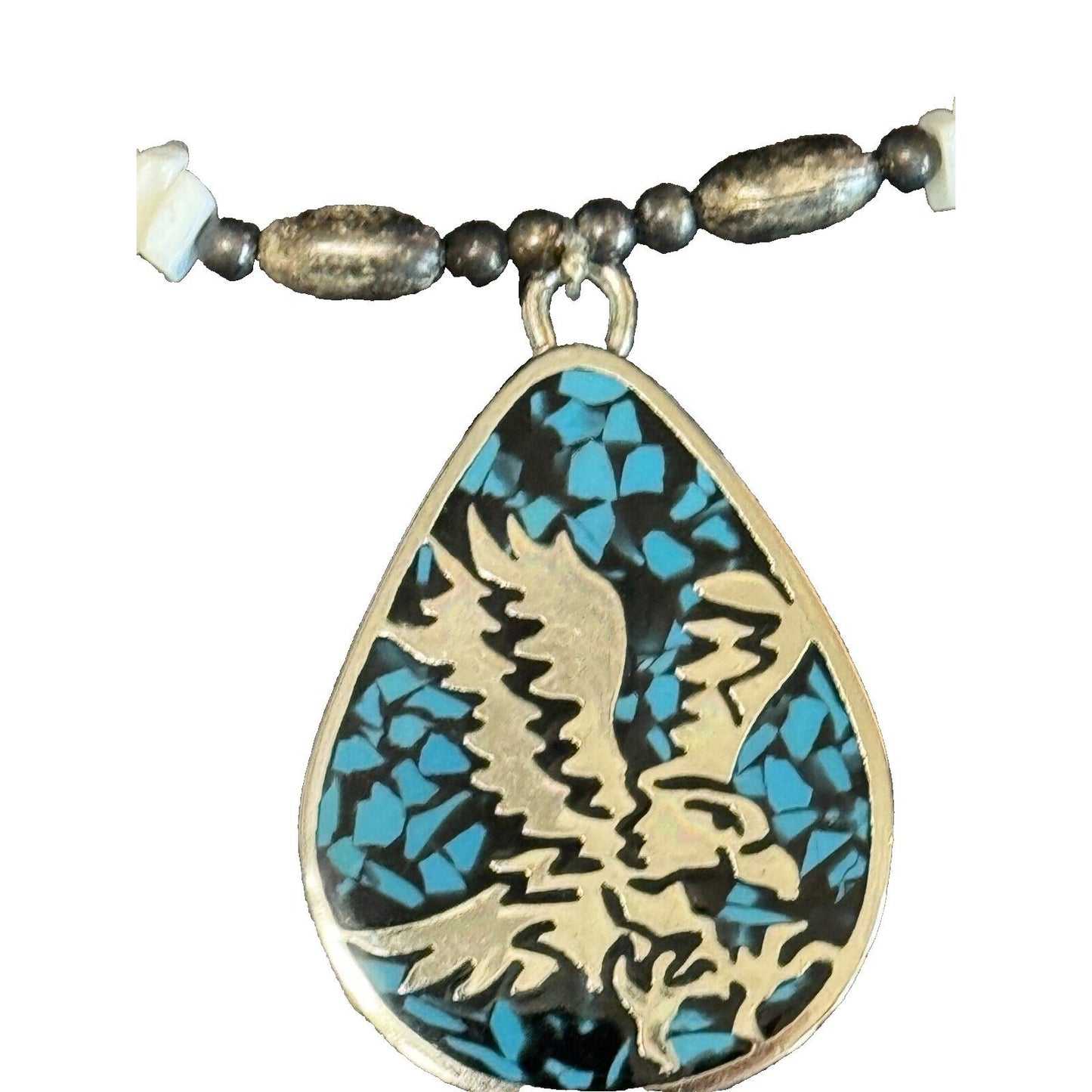 Southwestern Tribal Blue Howlite Peyote Bird Inlaid Pendant Multistrand Necklace