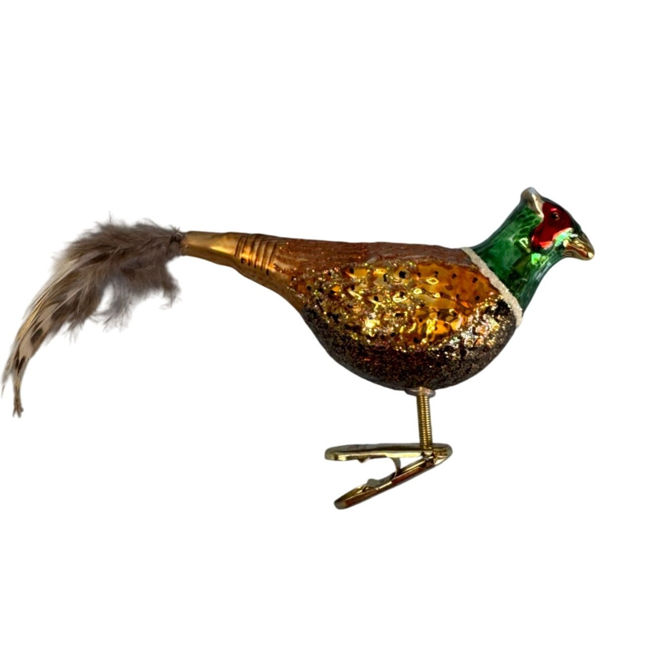Old World Christmas Pheasant Bird Glass Ornament Feather Tail Clip w/Box Tag 6"