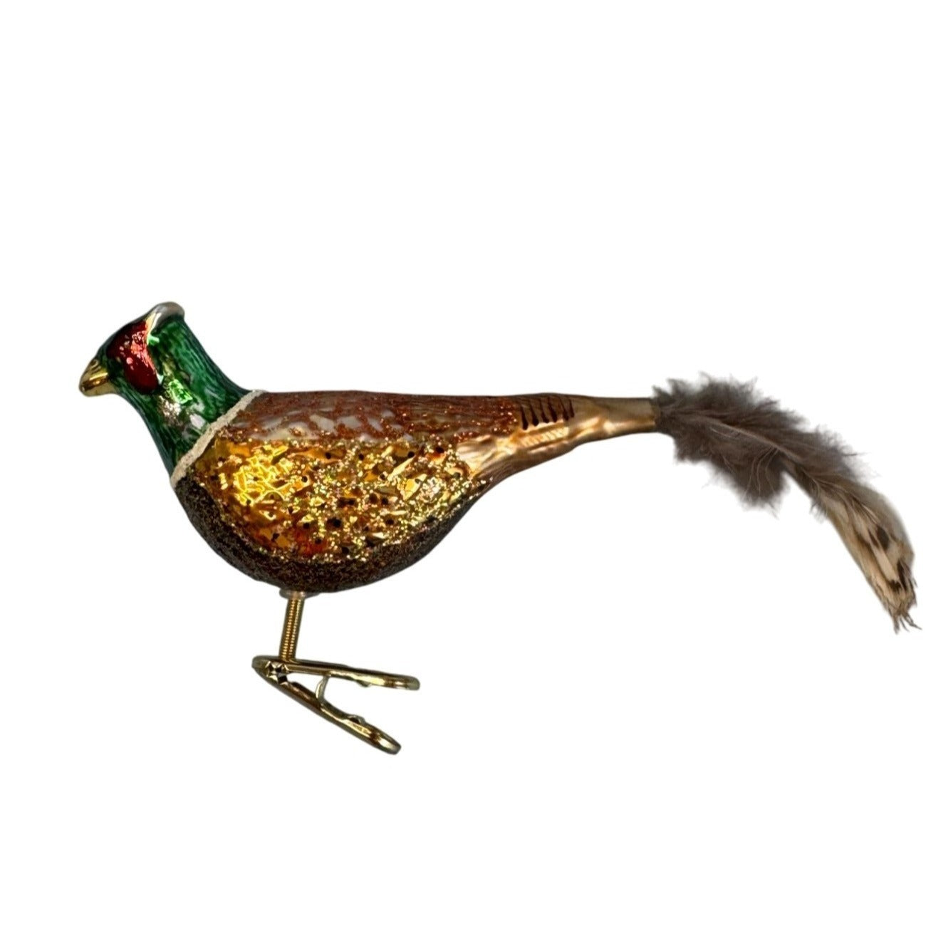 Old World Christmas Pheasant Bird Glass Ornament Feather Tail Clip w/Box Tag 6"