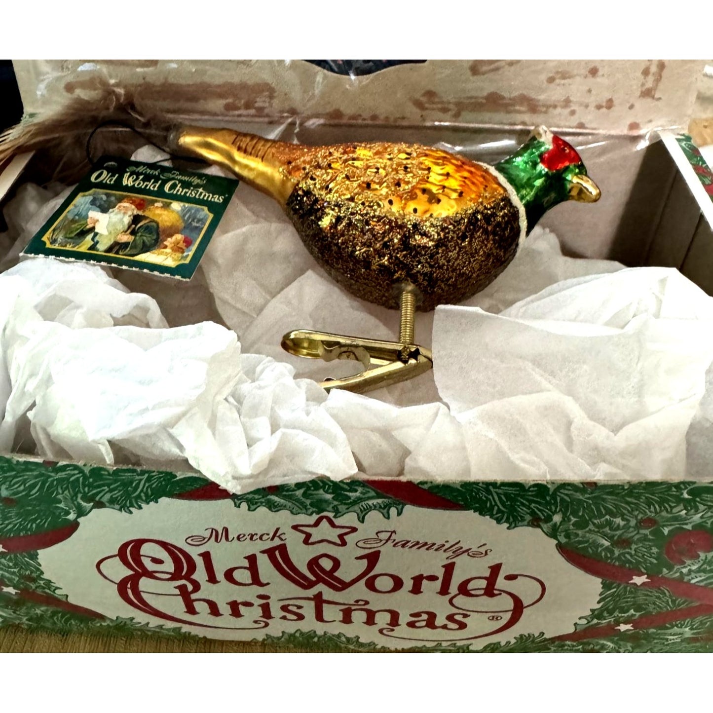 Old World Christmas Pheasant Bird Glass Ornament Feather Tail Clip w/Box Tag 6"