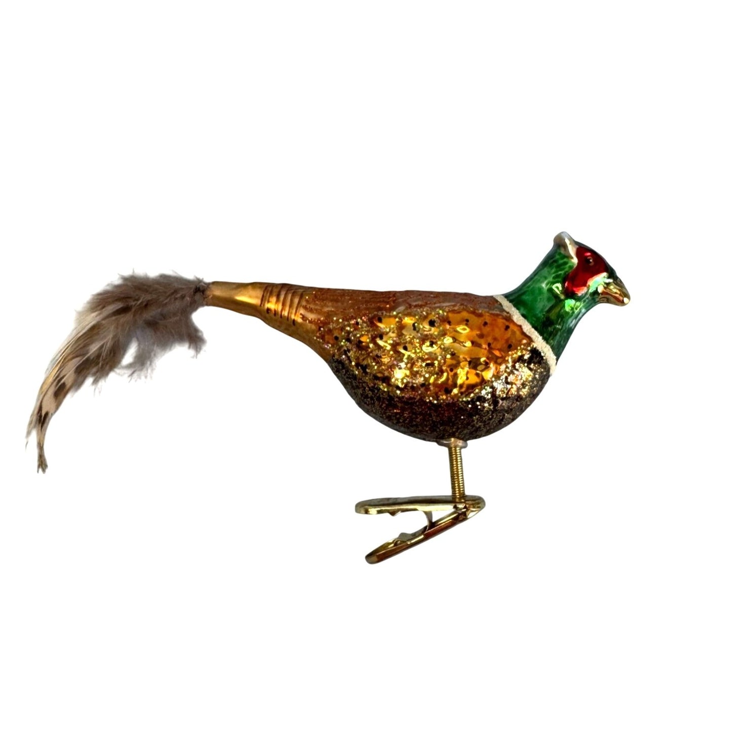 Old World Christmas Pheasant Bird Glass Ornament Feather Tail Clip w/Box Tag 6"