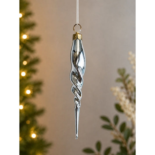 Christopher Radko Silver Twist Icicle Drop Blown Glass Ornament 4 1/2"