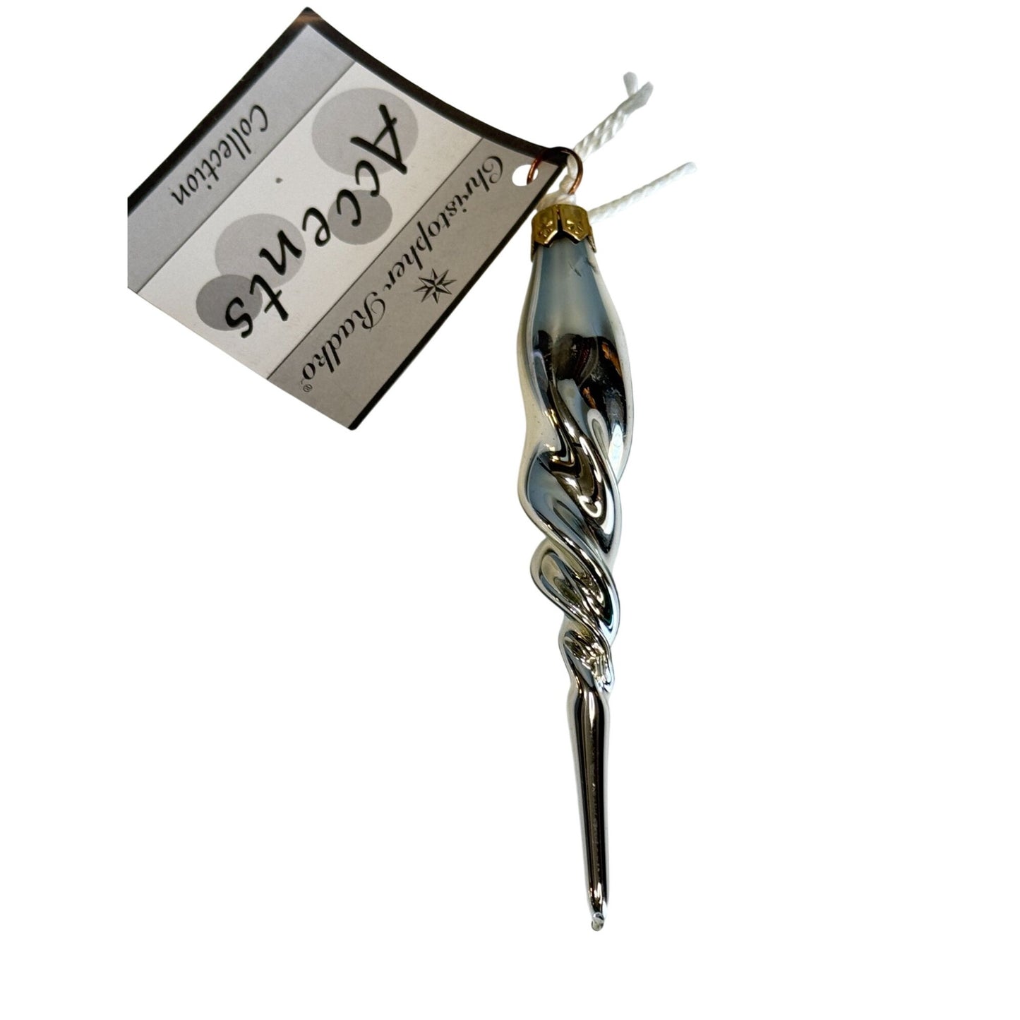 Christopher Radko Silver Twist Icicle Drop Blown Glass Ornament 4 1/2"