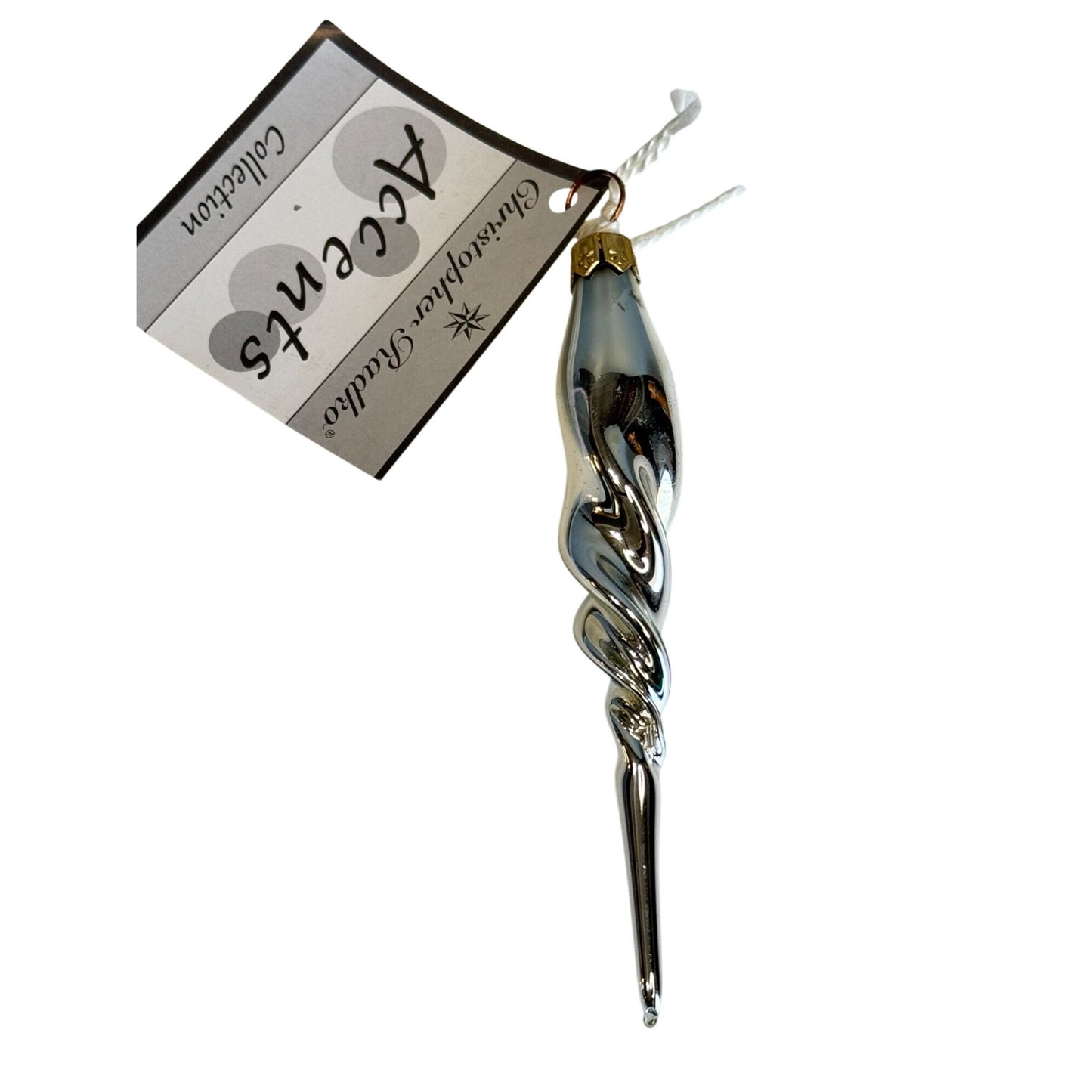 Christopher Radko Silver Twist Icicle Drop Blown Glass Ornament 4 1/2"