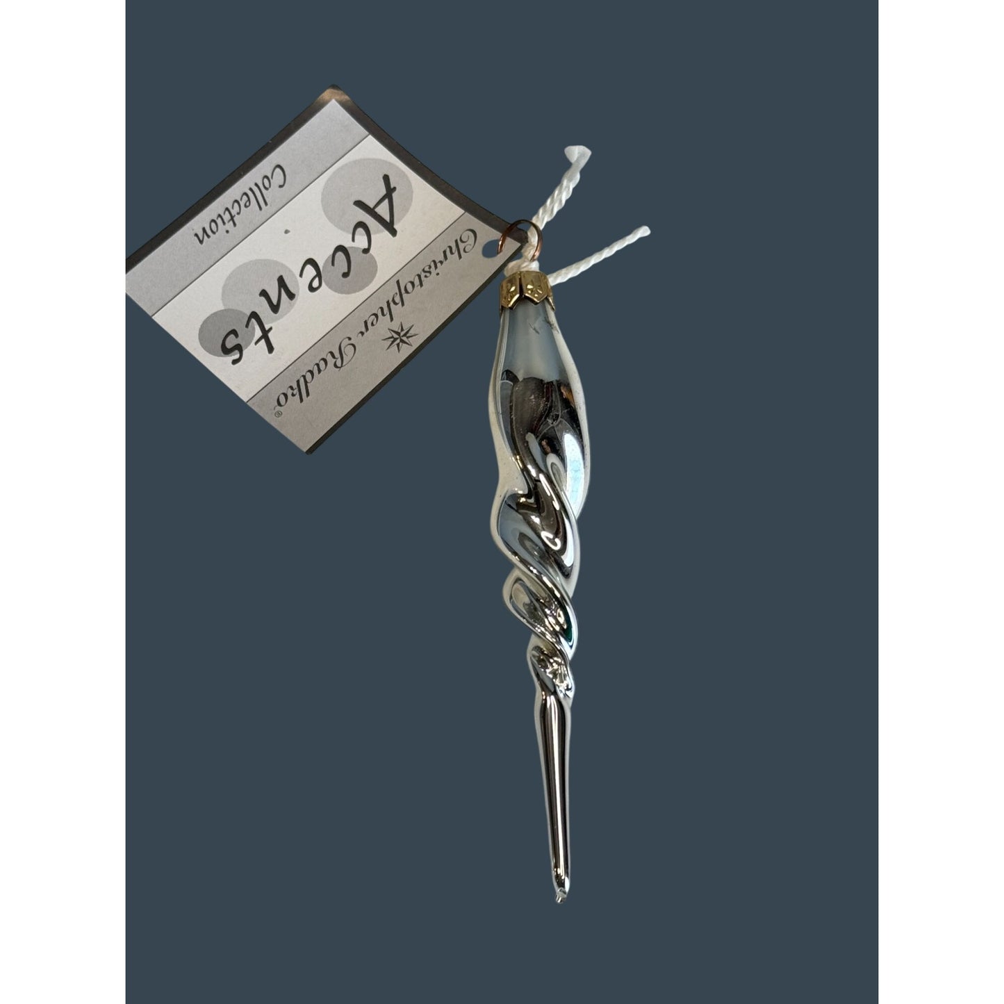 Christopher Radko Silver Twist Icicle Drop Blown Glass Ornament 4 1/2"
