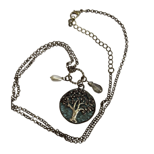 Tree Of Life Pendant Necklace on Blue Enamel Disc Pearl Crystal Charms Silver-Tone